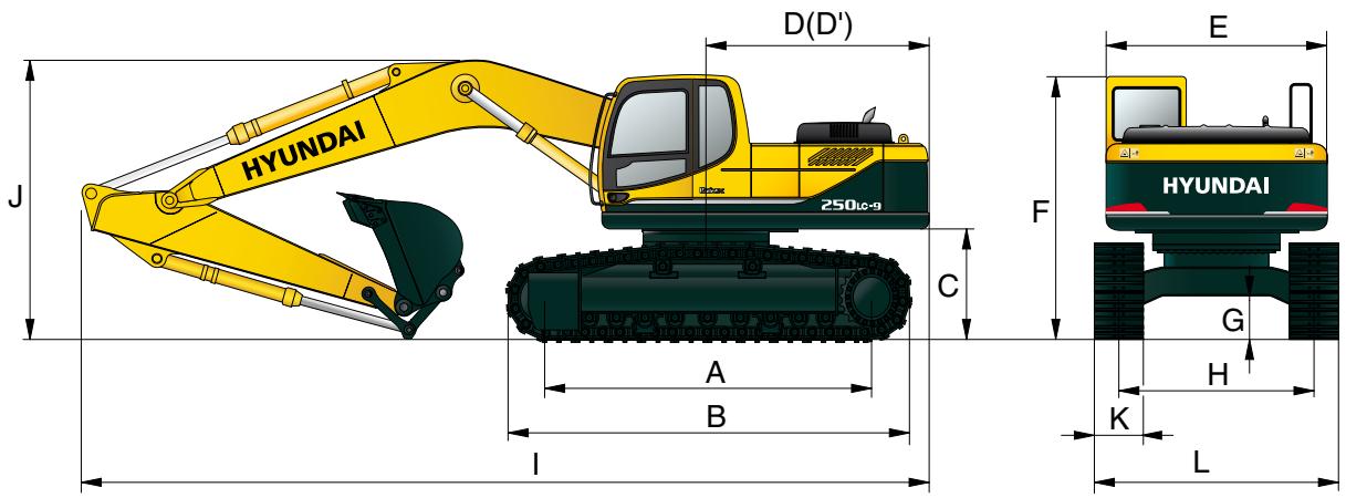 HYUNDAI R250LC-9 - Dimensions et rayons d'action - 1