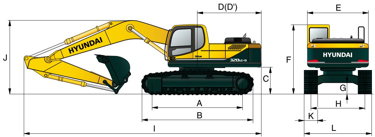HYUNDAI R320LC-9 - Dimensions et rayons d'action - 1