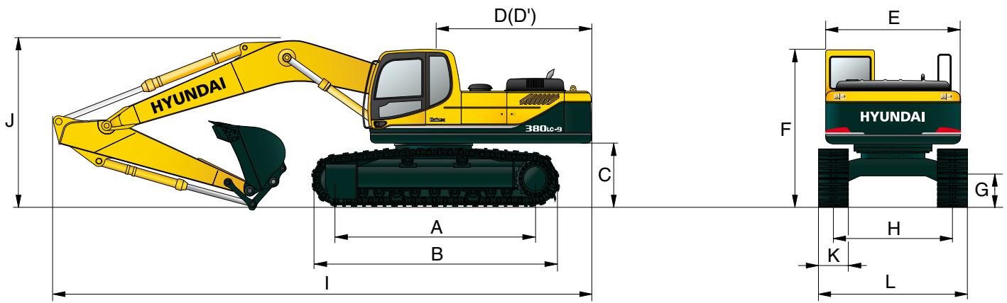 HYUNDAI R380LC-9 - Dimensions et rayons d'action - 1