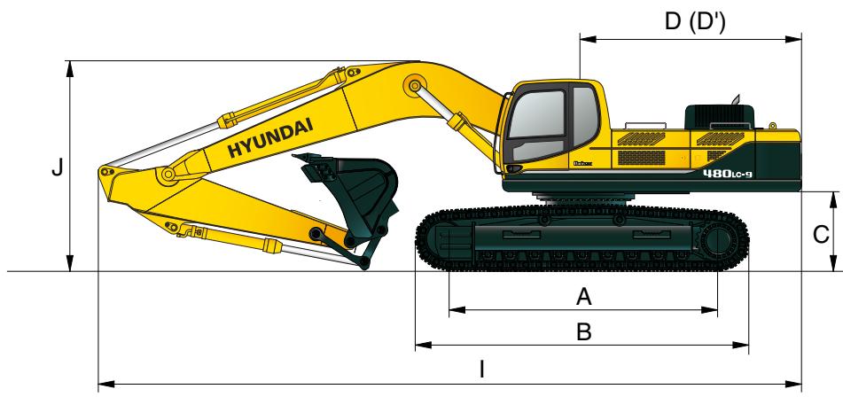 HYUNDAI R480LC-9 - Dimensions et rayons d'action - 1