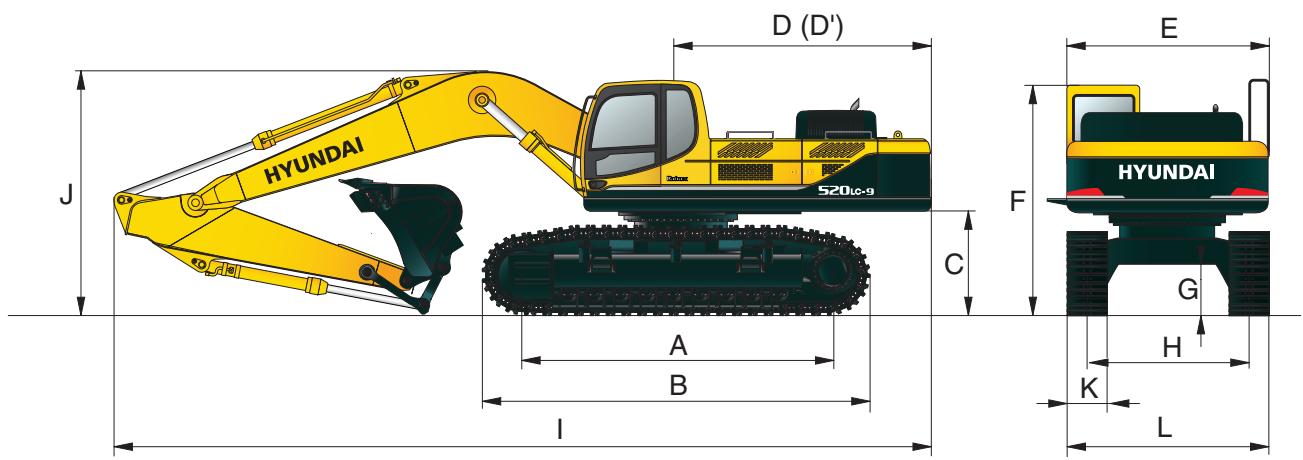HYUNDAI R520LC-9 - Dimensions et rayons d'action - 1