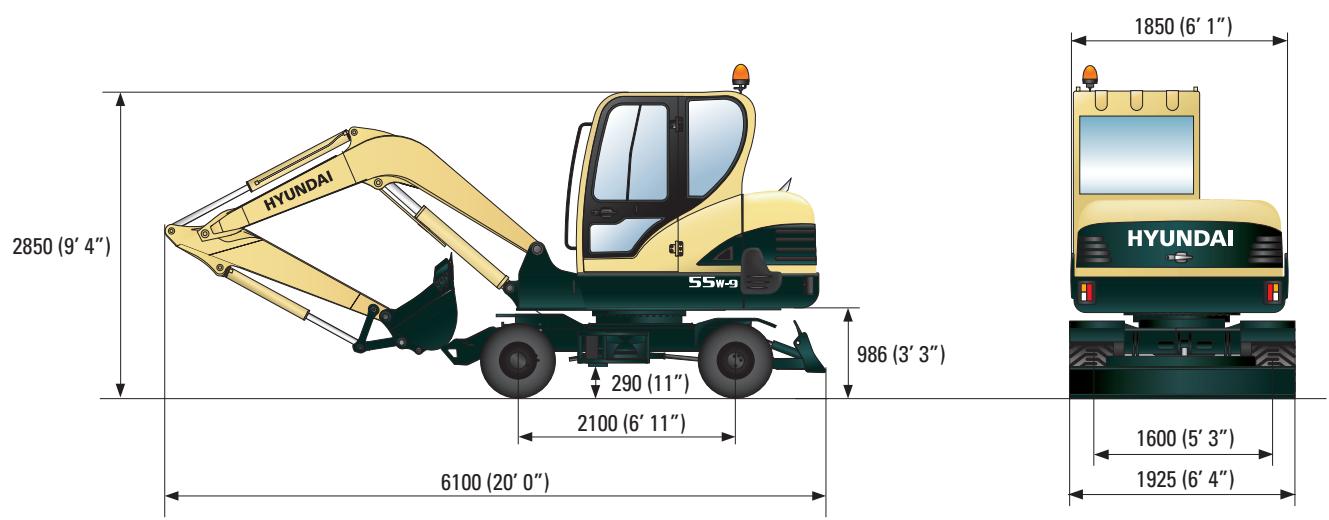 HYUNDAI R55W-9 - Dimensions et rayon d'action - 1