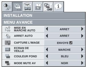 INSTALLATION MENU AVANCE MISE EN MARCHE AUTO ARRET ARRET CAPTURE L'IMAGE ENVOYE ECRAN DE VEILLE MARCHE COULEUR FOND BLEU MODE MUTE AV NOIR