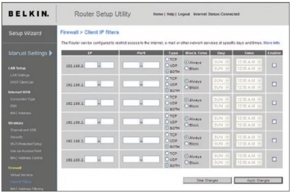 BELKIN F5D8232-4 - Setting Client IP Filters - 1