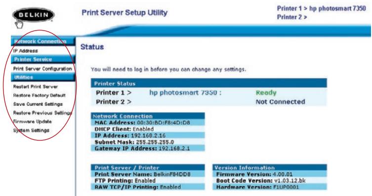 BELKIN 2-PORT USB PRINT SERVER #F1UP0301 - Interface web - Page d'accueil - 1