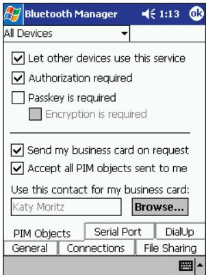 BELKIN CARTE ADAPTATEUR PDA BLUETOOTH™ #F8T020FR - Onglet « PIM Objects » (Objets PIM) - 1