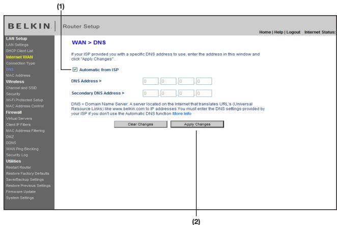 BELKIN MODEM ROUTEUR SANS FIL N #F5D8636ED4A - Définition des paramètres personalisés du serveur des noms de domaine (DNS) - 1