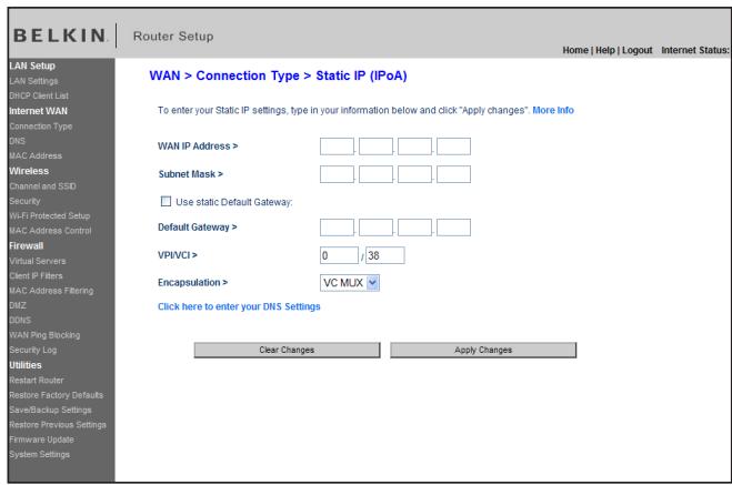 BELKIN MODEM ROUTEUR SANS FIL N #F5D8636ED4A - Réglage du type de connexion FAI comme « IP fixe » (IPoA) - 1