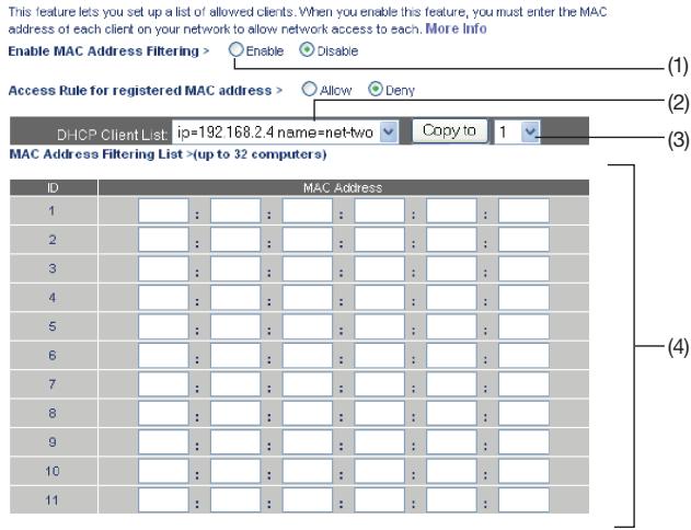 BELKIN MODEM-ROUTEUR SANS FIL G - Firewall > MAC Address Filtering - 1