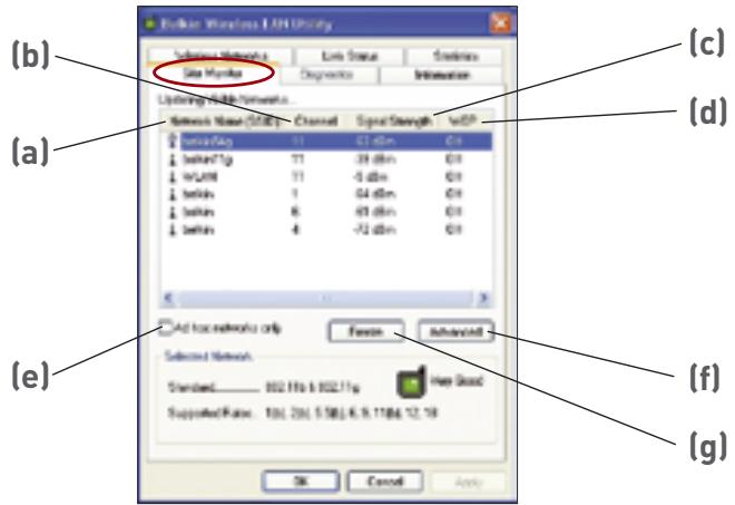 BELKIN CARTE RÉSEAU SANS FIL G MODE HAUT DÉBIT POUR ORDINATEUR PORTABLE #F5D7011FR - Cliquez sur l'onglet « Site Monitor [Analyse du site] » - 1