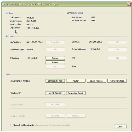 BELKIN CARTE RÉSEAU SANS FIL G MODE HAUT DÉBIT POUR ORDINATEUR PORTABLE F5D7011FR - Outils de diagnostics avancés - 1