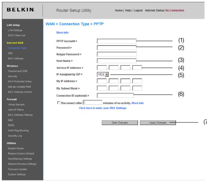BELKIN F6D4230-4 - Définition du type de connexion du FAI à PPTP (Point-to-Point Tunneling Protocol) - 1
