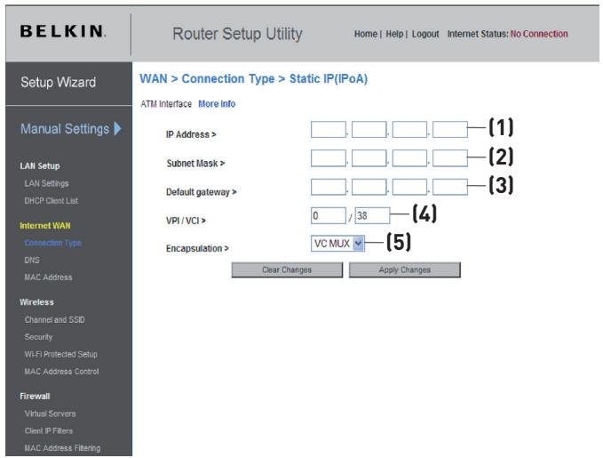 BELKIN MODEM-ROUTEUR SANS FIL N1 VISION #F5D8632FR4A - Réglage du type de connexion FAI comme « IP fixe » (IPoA) - 1