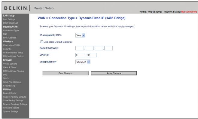 BELKIN MODEM-ROUTEUR SANS FIL OPTIMISÉ #F6D4630ED4A - Configuration de votre type de connexion avec IP Dynamique/Fixe (1483 Bridged) - 1