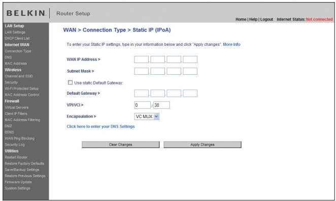 BELKIN MODEM-ROUTEUR SANS FIL OPTIMISÉ #F6D4630ED4A - Réglage du type de connexion FAI comme « IP fixe » (IPoA) - 1