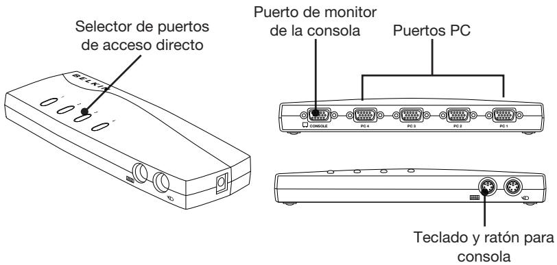 BELKIN OMNIVIEW E SERIES KVM SWITCH - Vista frontal/trasera del conmutador KVM Serie E de 4 puertos: - 1