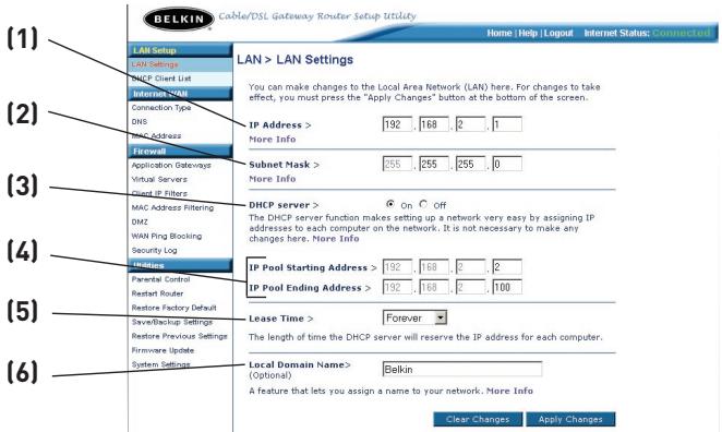 BELKIN ROUTEUR DE PASSERELLE CABLE/ADSL #F5D5231FR4 - Modification des paramètres de réseau local (LAN) - 1