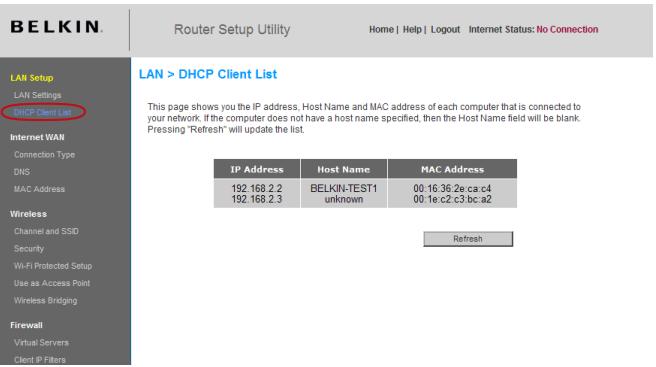 BELKIN ROUTEUR SANS FIL G #F5D7234ED4 - Affichage de la page Listedes clients DHCP - 1
