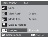 Inst. MENU 1/3 Sons Visu.Auto 3 sec. Mode Eco 5 min. Date & Horaire Langue Français Selectionner Quitter