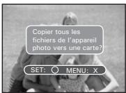 Copier tous les fichiers de l'appareil photo vers une carte? SET: ○ MENU: X