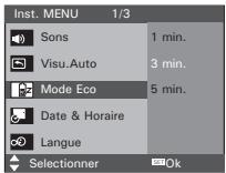 Inst. MENU 1/3 Sons 1 min. Visu. Auto 3 min. Mode Eco 5 min. Date & Horaire Langue Selectionner Ok