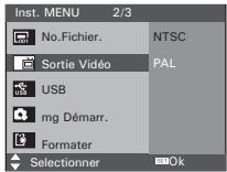 Inst. MENU 2/3 No.Fichier. Sortie Vidéo USB mg Démarr. Formater Selectionner NTSC PAL Ok