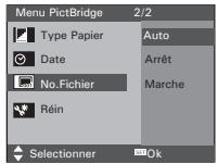 Menu PictBridge 2/2 Type Papier Auto Date Arrêt No.Fichier Marche Réin Selectionner Ok