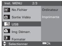 Inst. MENU 2/3 No.Fichier Ordinateur Sortie Vidéo Imprimante USB Img Démarr. Formater Selectionner Ok