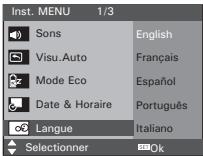 Inst. MENU 1/3 Sons English Visu.Auto Français Mode Eco Español Date & Horaire Português Langue Italiano Selectionner Ok