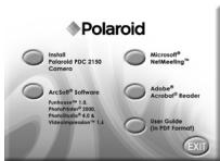 ◆Polaroid Install Polaroid FDC 2150 Camera Microsoft® NetMeeting™ ArcSoft® Software Fuchsoft™ I.6. Phosphoheter® 1000. Phospholipid® 4.6 & Videoimpression™ I.6 Adobe® Acrobat® Reader User Guide (In FDI Format) EXIT