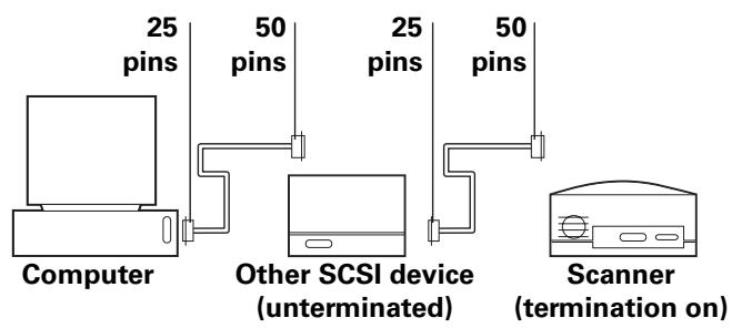 25 pins 50 pins 25 pins 50 pins Computer Other SCSI device (unterminated) Scanner (termination on)