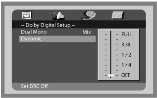 -- Dolby Digital Setup -- Dual Mono Mix Dynamic - FULL - 3/4 - 1/2 - 1/4 - OFF Set DRC Off