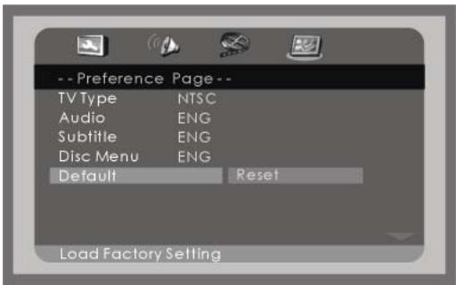 -- Preference Page-- TV Type NTSC Audio ENG Subtitle ENG Disc Menu ENG Default Reset Load Factory Setting