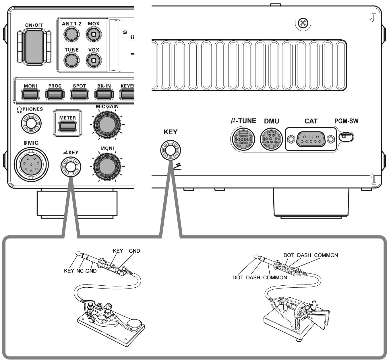 YAESU FT-950 - BRANCHEMENT DE CLÉ DE MANIPULATEUR, DE MANIPULATEUR ET DE LIGNES PC - 1
