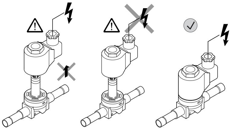 Technical diagram showing three mechanical assembly states with warning symbols and cross indicators, likely illustrating a correct or incorrect operation.