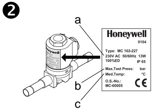 Honeywell 0104 Type: MC 102-227 230V AC 50/60Hz 13W 100%ED IP 65 Max.Test Press: bar Med.Temp: °C O.S.-No.: CE MC-00005