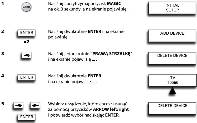 1 MAGIC Naciśnij i przytrzymaj przycisk MAGIC na ok. 3 sekundy, a na ekranie pojawi się ... . INITIAL SETUP 2 ENTER x2 Naciśnij dwukrotnie ENTER i na ekranie pojawi się ... . ADD DEVICE 3 ← Naciśnij jednokrotnie "PRAWA STRZAŁKĘ" i na ekranie pojawi się ... . DELETE DEVICE 4 ENTER Naciśnij dwukrotnie ENTER i na ekranie pojawi się ... . TV T0556 5 ← → Wybierz urządzenie, które chcesz usunąć za pomocą przycisków ARROW left/right i potwierdź wybór naciskając ENTER. DELETE DEVICE ENTER