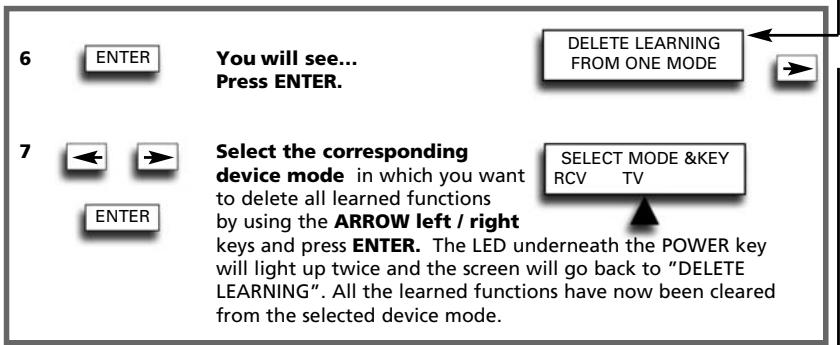 6 ENTER You will see... Press ENTER. 7 ← → Select the corresponding device mode in which you want to delete all learned functions by using the ARROW left / right keys and press ENTER. The LED underneath the POWER key will light up twice and the screen will go back to "DELETE LEARNING". All the learned functions have now been cleared from the selected device mode. DELETE LEARNING FROM ONE MODE SELECT MODE &KEY RCV TV