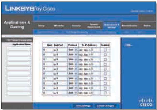 LINKSYS WRT320N - Applications and Gaming > Port Range Forwarding (Aplicaciones y juegos > Reenvío de intervalos de puertos) - 1