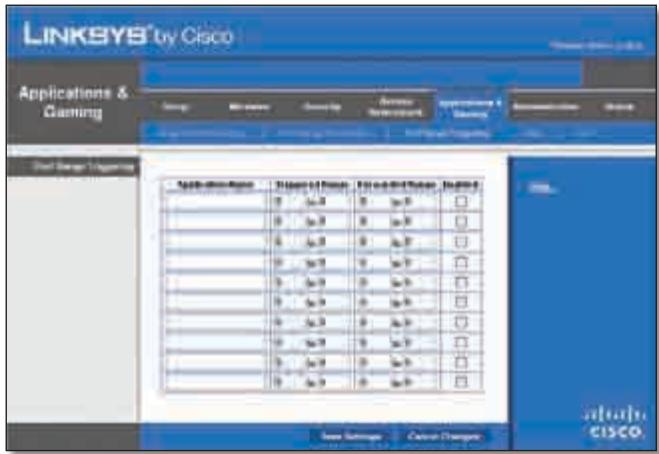 LINKSYS WRT320N - Applications &amp; Gaming > Port Range Triggering (Aplicaciones y juegos > Desencadenado de intervalos de puertos) - 1