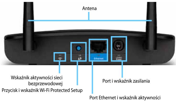 Antena Wskaźnik aktywności sieci bezprzewodowej Przycisk i wskaźnik Wi-Fi Protected Setup Ethernet Port i wskaźnik zasilania Port Ethernet i wskaźnik aktywności