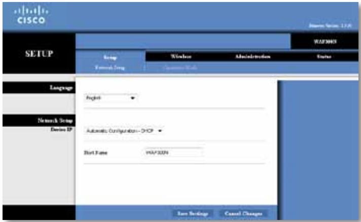 CISCO SETUP Group Windows Administration DNS Network Setup Internet Automatic Configuration - DHCP Port Name: FAS/2024 Language English Network Setup Device IP Save Settings Cancel Changes