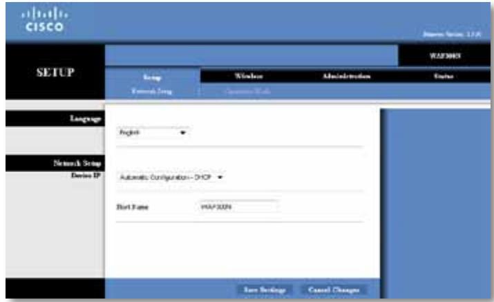 CISCO SETUP Network Setup Language English Automatic Configuration - DHCP Port Name PAR/2024 Save Settings Cancel Changes Windows Administration Options Internet Internet Link