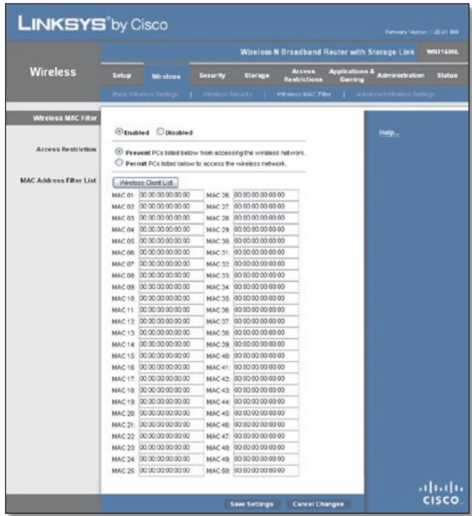 LINKSYS WRT160NL, WRT160N - Wireless > Wireless MAC Filter - 1
