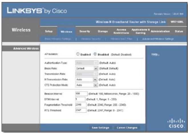 LINKSYS WRT160NL, WRT160N - Wireless > Advanced Wireless Settings - 1