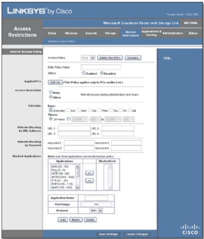 LINKSYS WRT160NL, WRT160N - Access Restrictions > Internet Access - 1