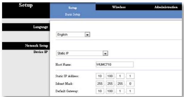 Setup Basic Setup Language English Network Setup Device IP Static IP Host Name: VJMC710 Static IP Address: 10 100 1 1 Subset Mask: 255 255 255 0 Default Gateway: 10 100 1 1