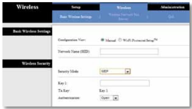 Wireless Setup Wireless Administration Base Wireless Settings Wireless Settings Configuration Type: Manual WiFi Protected Setting® Network Name (SDD) Wireless Security Security Mode: WIP Key 1: Tx Key: Key 1 Authentication: Open