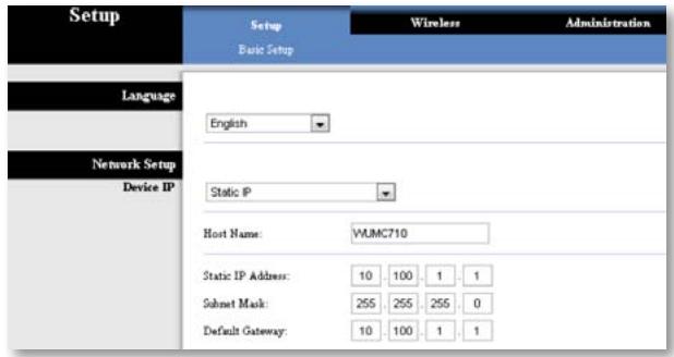 Setup Basic Setup Language English Network Setup Device IP Static IP Host Name: VJMC710 Static IP Address: 10 100 1 1 Subset Mask: 255 255 255 0 Default Gateway: 10 100 1 1