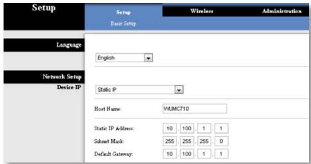 Setup Basic Setup Language English Network Setup Device IP Static IP Host Name: WJMC710 Static IP Address: 10 100 1 1 Submit Mask: 255 255 255 0 Default Gateway: 10 100 1 1